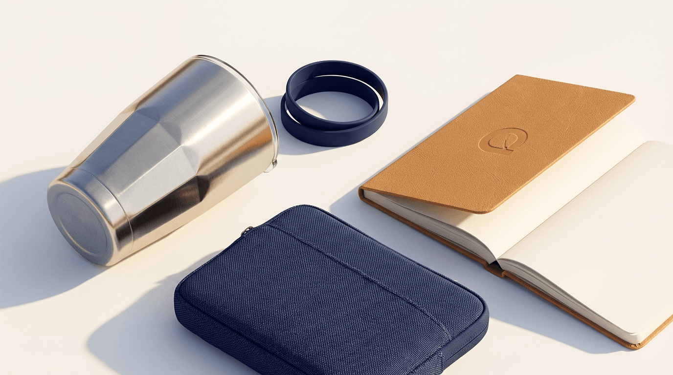 Flat-lay of diverse branded merchandise including tumbler, pouch, notebook, and wristband arranged with professional product photography lighting.